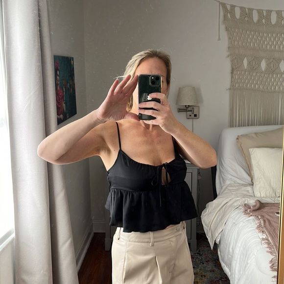 Free People Tie Front Ruffle Tank Top Size Medium Black - Picture 2 of 5